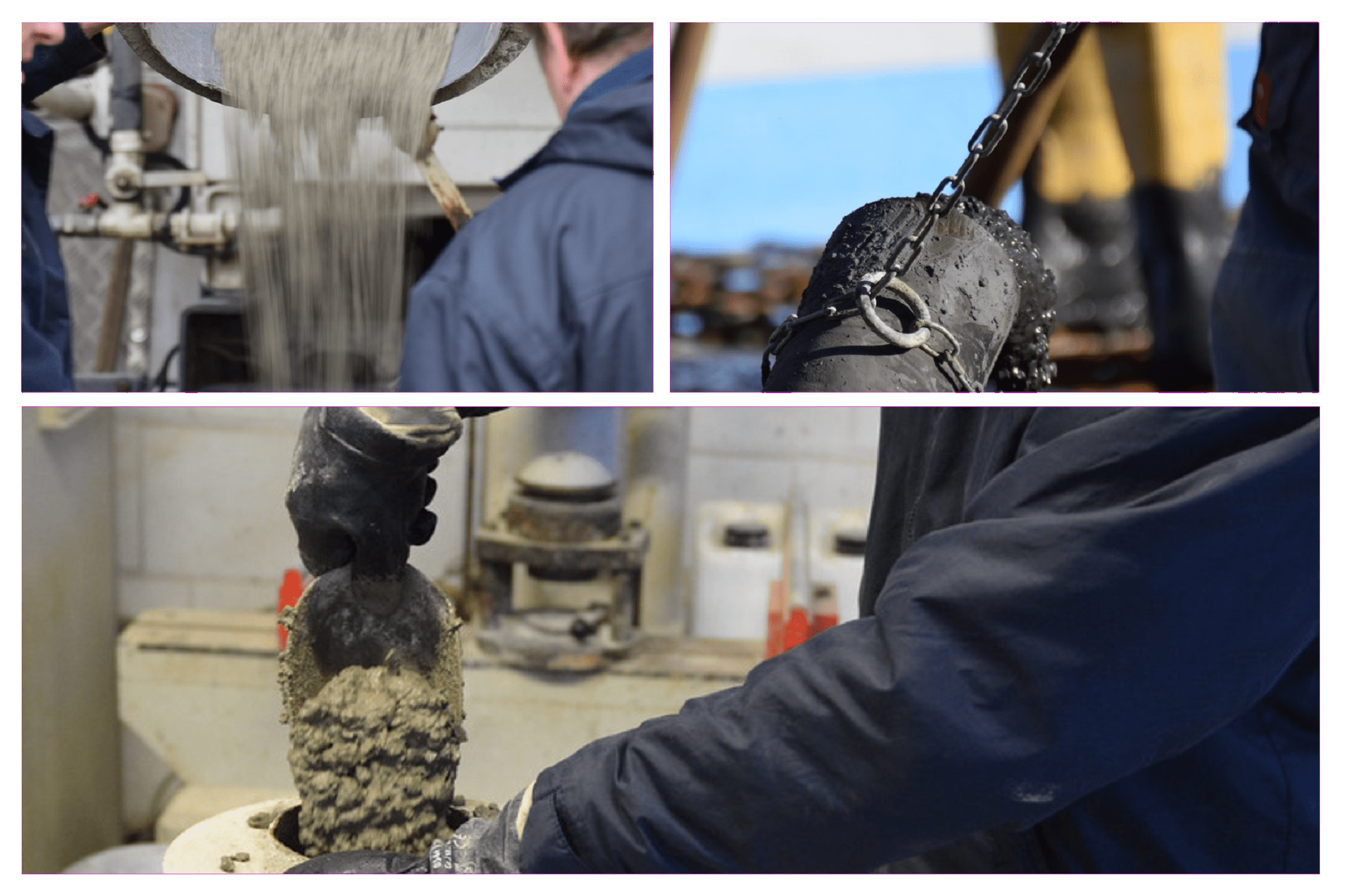 Eine Collage zeigt drei verschiedene Arbeitsschritte im Umgang mit Frischbeton:
                                    Oben links: Ein Mitarbeiter kippt eine Probe Frischbeton zur Qualitätskontrolle aus einem Eimer.
                                    Oben rechts: Ein mit Ketten fixierter Prüfkörper oder Probezylinder wird zur Prüfung der Konsistenz oder Verdichtung aus dem Beton herausgezogen .
                                    Unten: Ein Mitarbeiter füllt zur Konsistenzprüfung im Labor mit Handschuhen einen zähflüssigen Beton in ein Prüfgefäß .